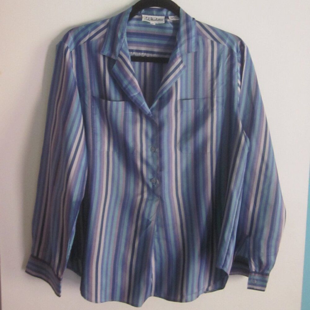 Lady Manhattan Vintage Size 10 Blue Striped Poly Blouse Pullover Collared Top
